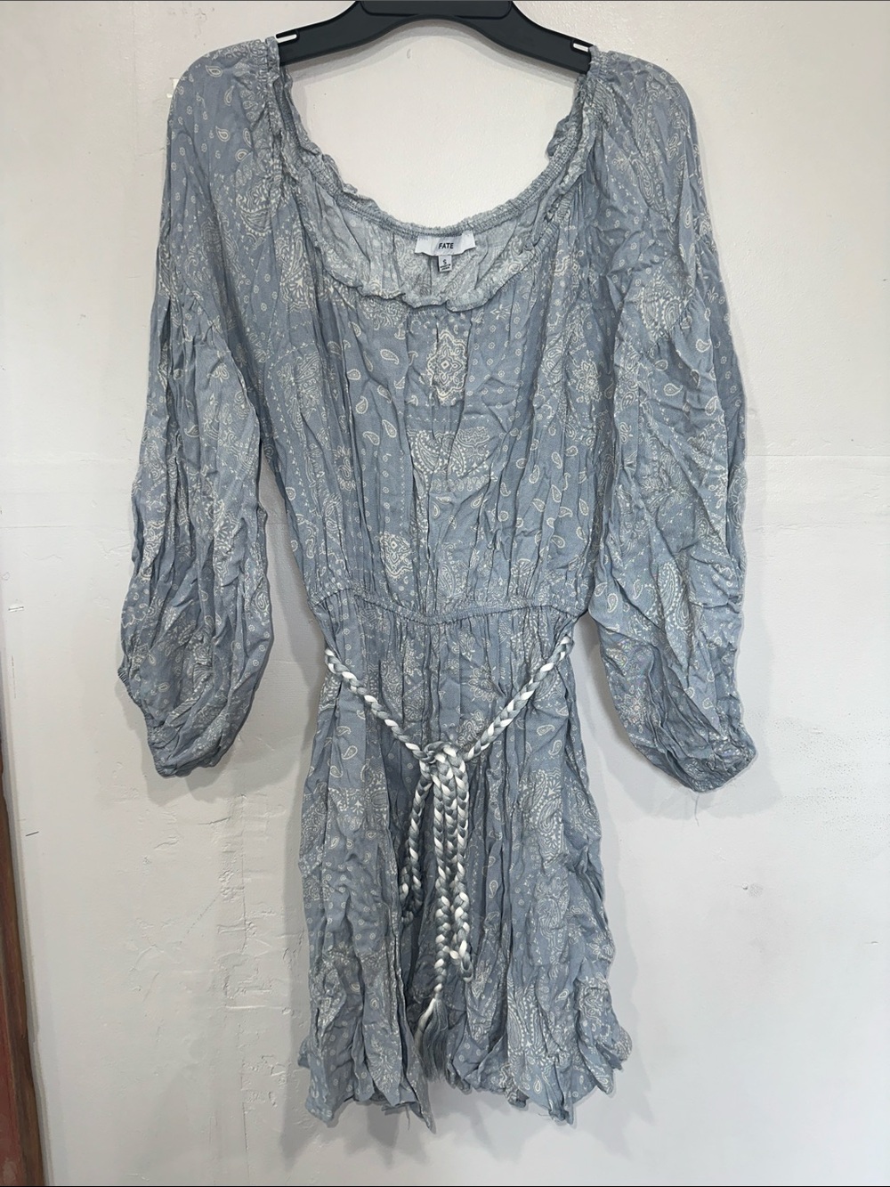 Fate Light Blue Paisley Mini Dress with Braided Belt
